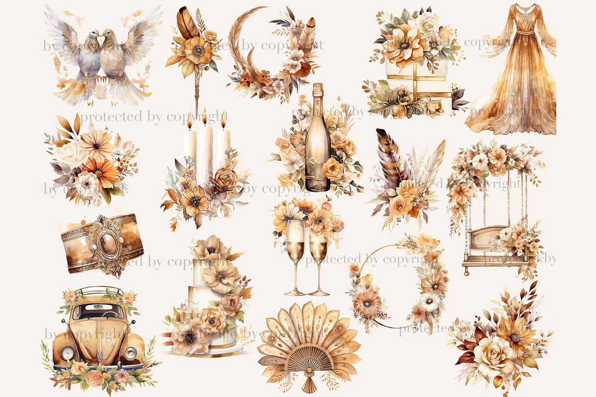 Boho Wedding Clipart | Bridal PNG, a Decorative Illustration by GlamArtZhanna (Photo 3 of 5)