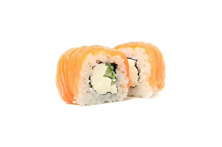 Japanese food. Delicious sushi rolls isolated on white backgroun, a Food & Drink Photo by AtlasStudio