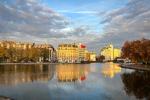 Ourcq canal sunset reflections in Paris 19th district France, an Architecture Photo by GoodGoods