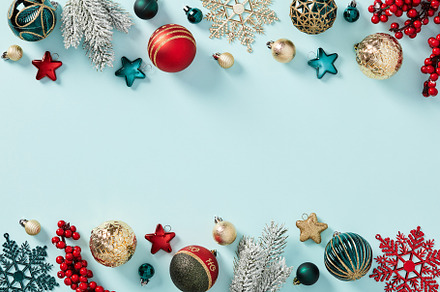 Vintage Christmas decorations and baubles on pastel blue background. Christmas, a Holiday Photo by photoguns