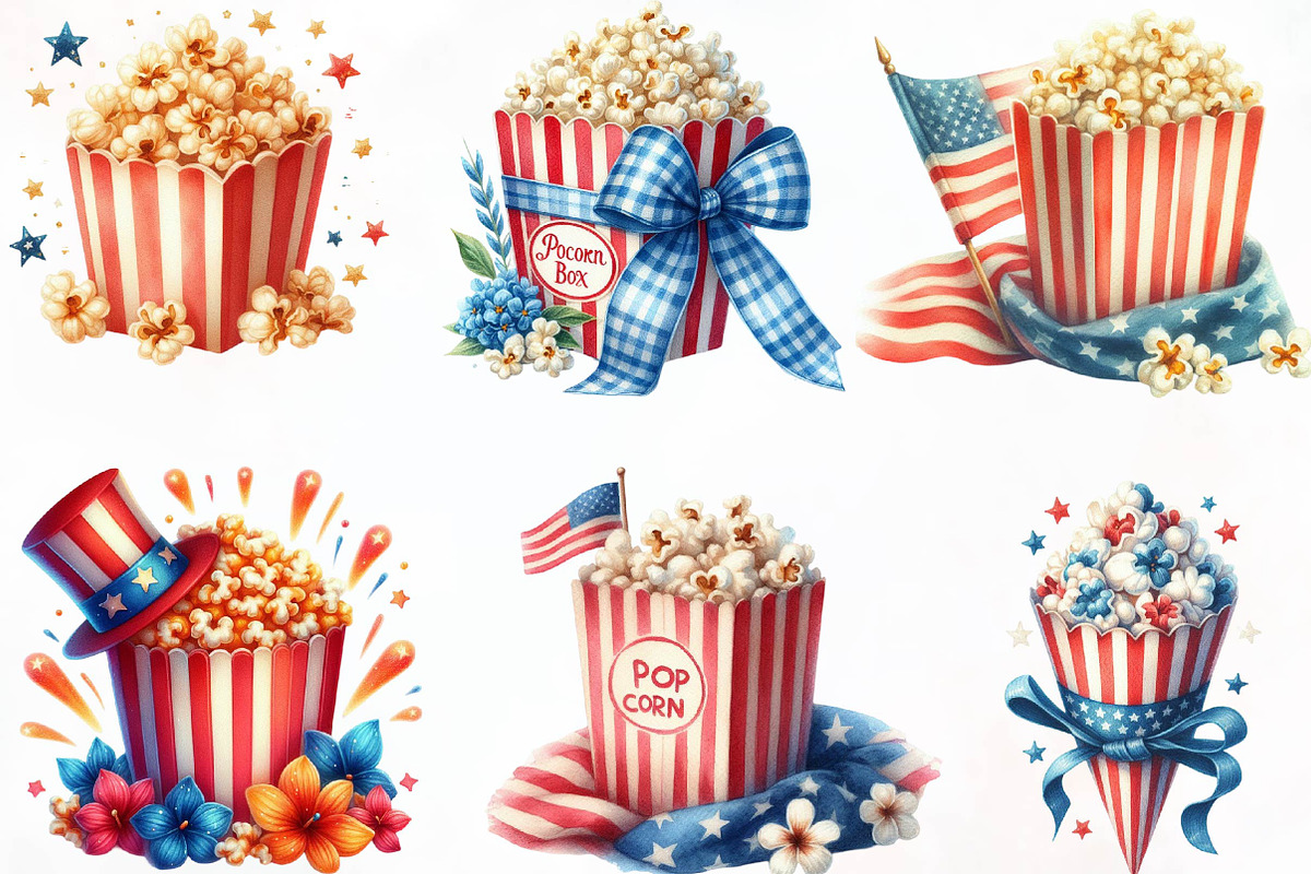 Watercolor 4th of July Popcorn Clip, an Illustration by Designking (Photo 2 of 3)