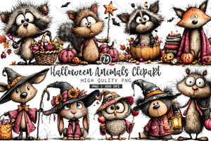 Whimsical Halloween Animals Clipart, a Seasonal Illustration by OK Design