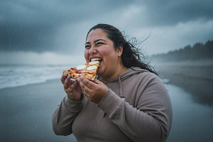 Woman eating pizza slice outdoors in rain, a Person Photo by DanFLCreativo