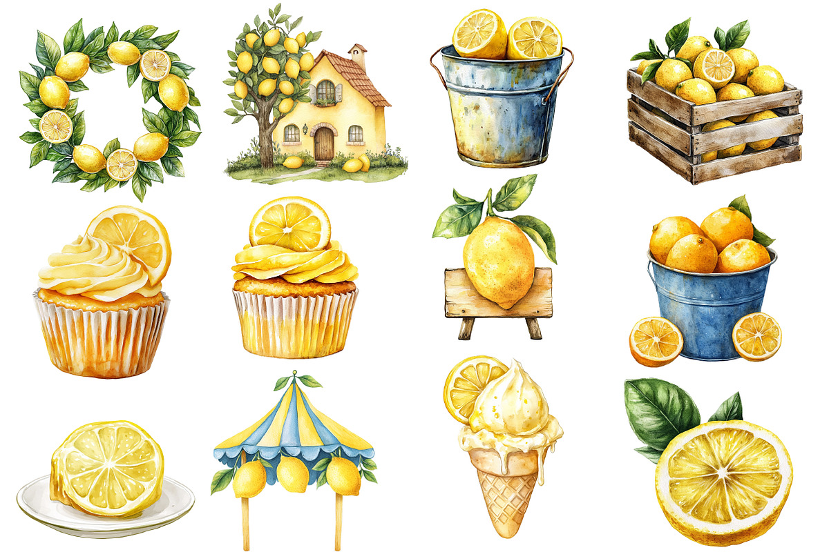 Lemon Farm Watercolor Clipart, an Illustration by Designworld (Photo 3 of 6)