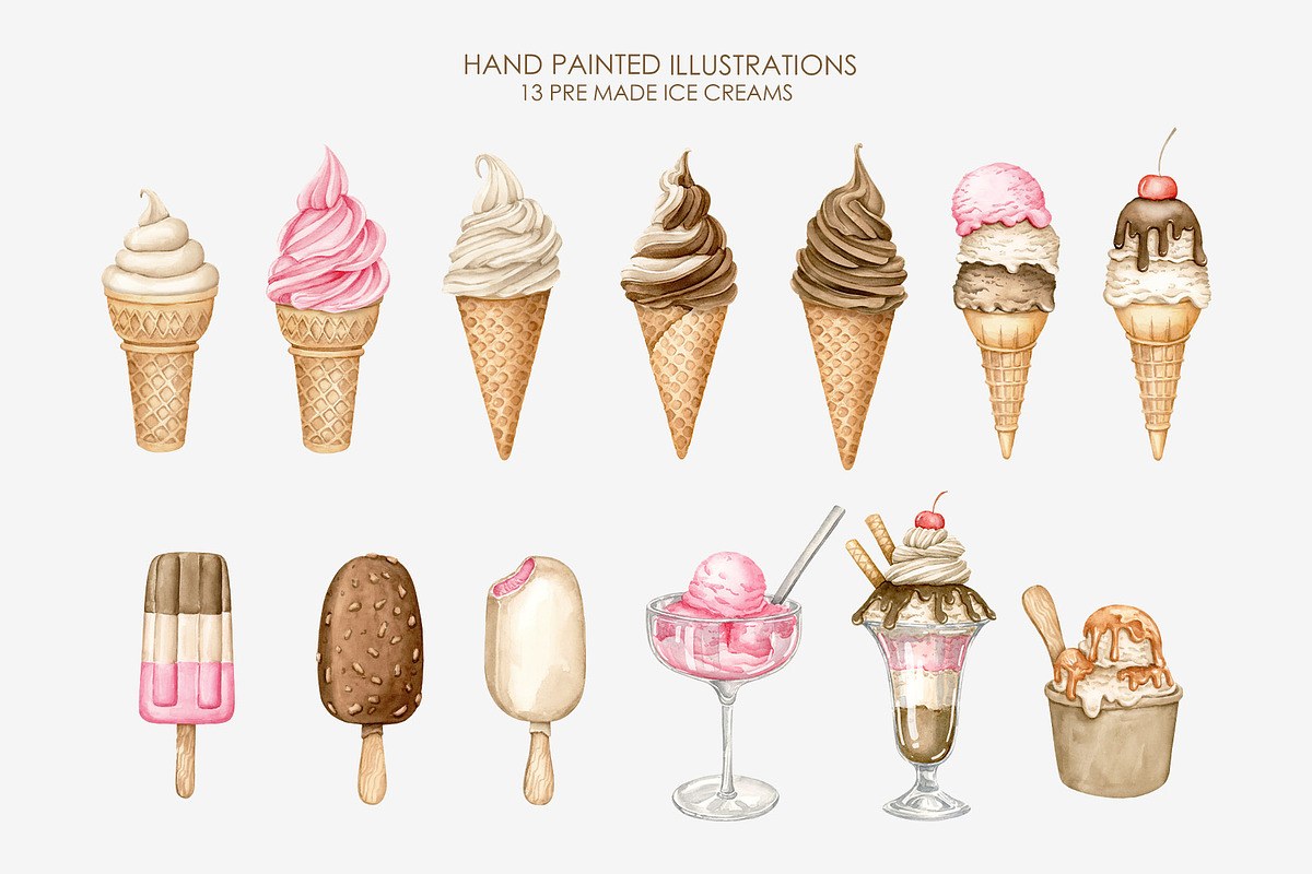 Watercolor Ice cream clipart, a Food Illustration by AquarelleSpace (Photo 2 of 5)
