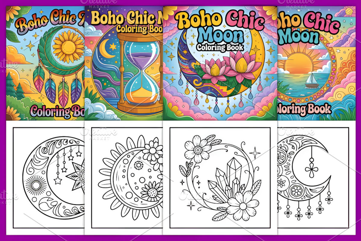 Boho Chic Moon Coloring Pages, a Decorative Illustration by Design Station (Photo 4 of 4)