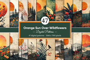 Orange Sun Over Wildflowers, a Decorative Illustration by Housui Patterns
