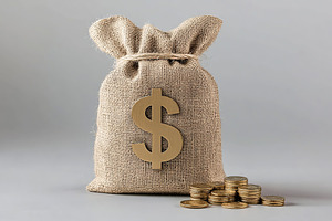 Burlap bag with dollar symbol and banknotes on grey background, a Business Photo by AlyaAnd