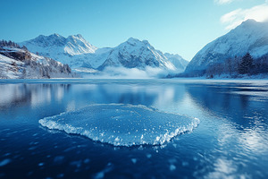 A serene winter landscape featuring a frozen lake surrounded by majestic snow-c, a Background Photo by ImageMir
