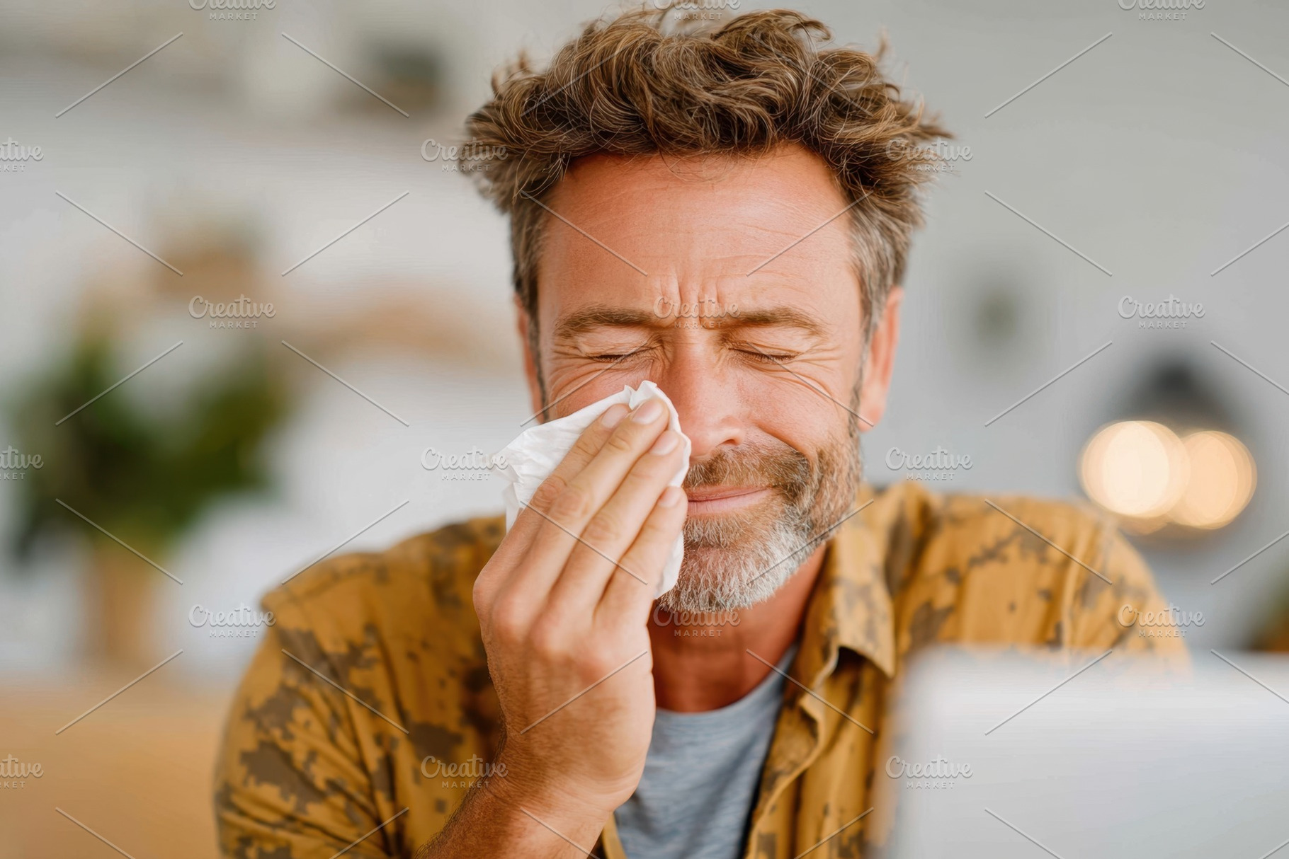 Man wiping face with tissue indoors, a Person Photo by AlyaAnd
