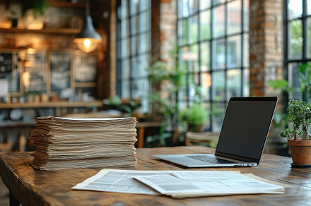 Workspace with laptop, newspapers, a, a Photo by Tanuart