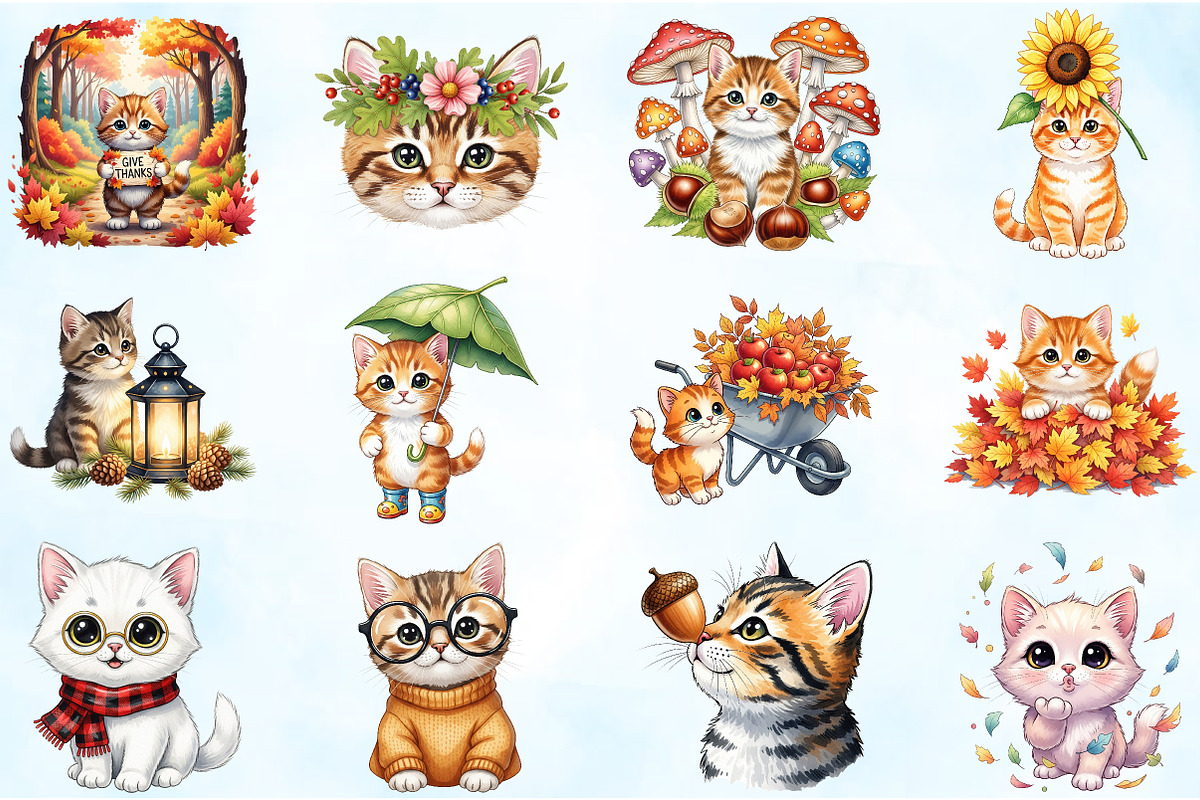 Watercolor Autumn Kitten Clipart, an Illustration by Craft Nest (Photo 3 of 6)