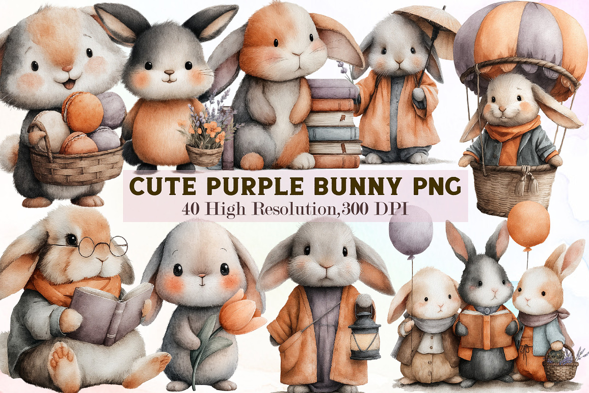 Watercolor Cute Purple Bunny Clipart, an Illustration by Sublimation Artist (Photo 1 of 7)