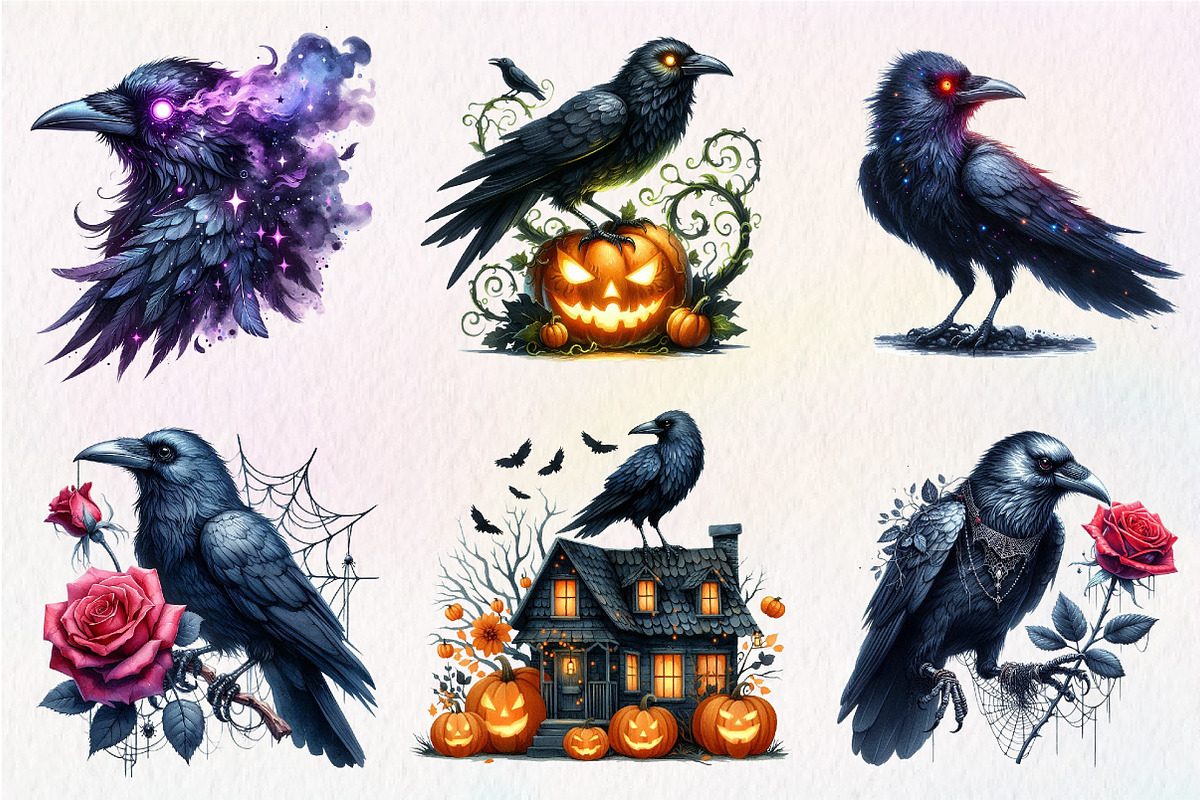 Watercolor Halloween Crow Clipart, an Illustration by CreationArt (Photo 3 of 5)