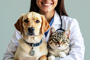 Happy veterinarian with dog and cat, an Animal Photo by Perpis