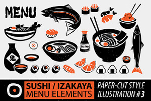 Papercut Style Sushi Elements