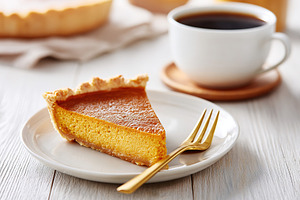 Delicious pumpkin pie slice served with black coffee on a wooden table, a Photo by AlyaAnd