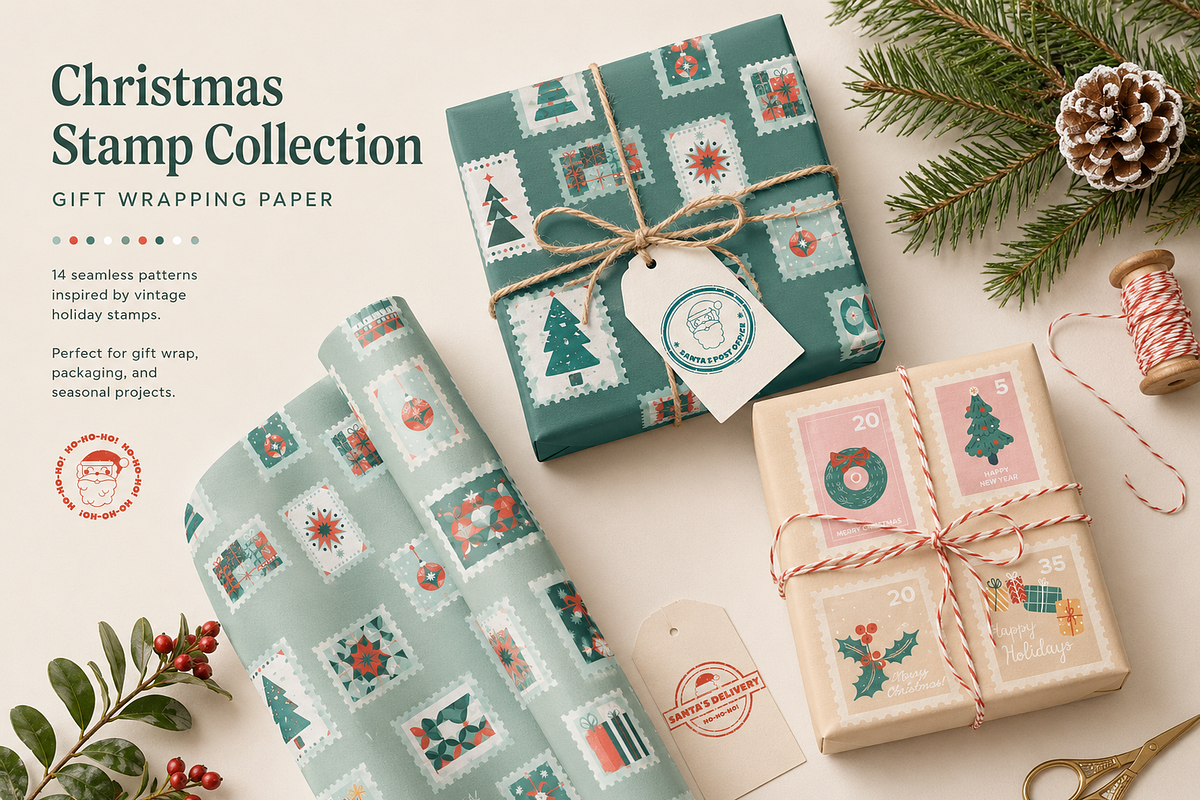 Christmas Stamps Illustrations, a Seasonal Illustration by Anna Studio (Photo 2 of 12)