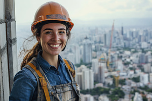 Female construction worker in uniform standing on unfinished building, an Industrial Photo by AlyaAnd