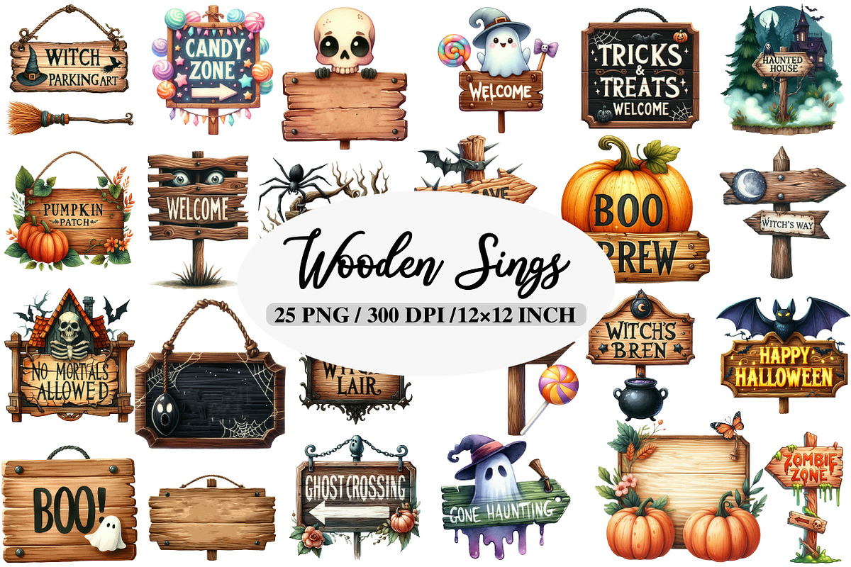 Halloween Wooden Sings Clipart, an Illustration by Daily.Designs (Photo 1 of 5)