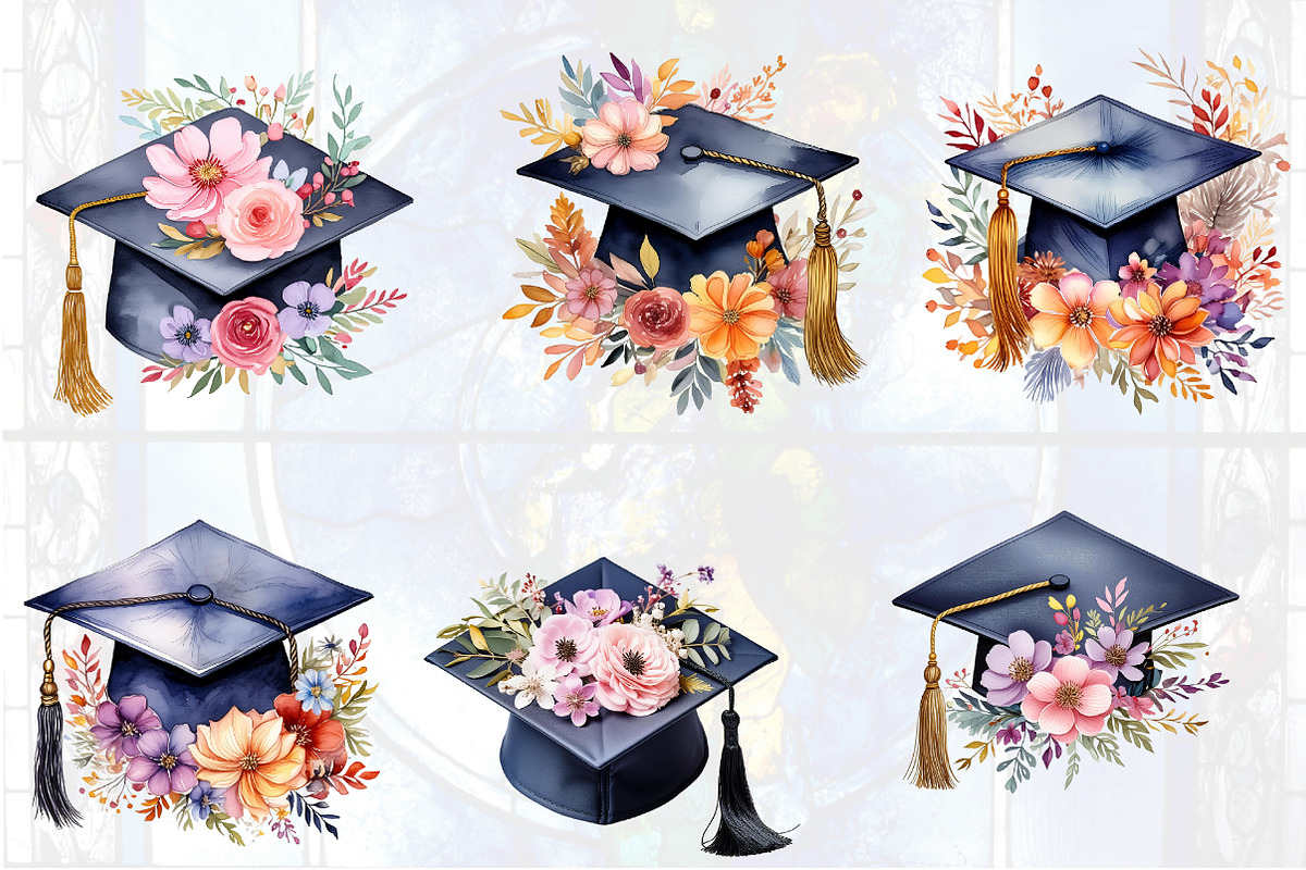 Floral Graduation Cap Clipart, an Object Graphic by Watercolor design