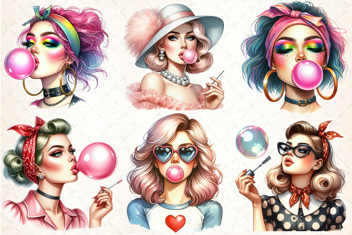 Retro Girl Blowing a Bubblegum, an Illustration by DreamCafeArt (Photo 2 of 5)