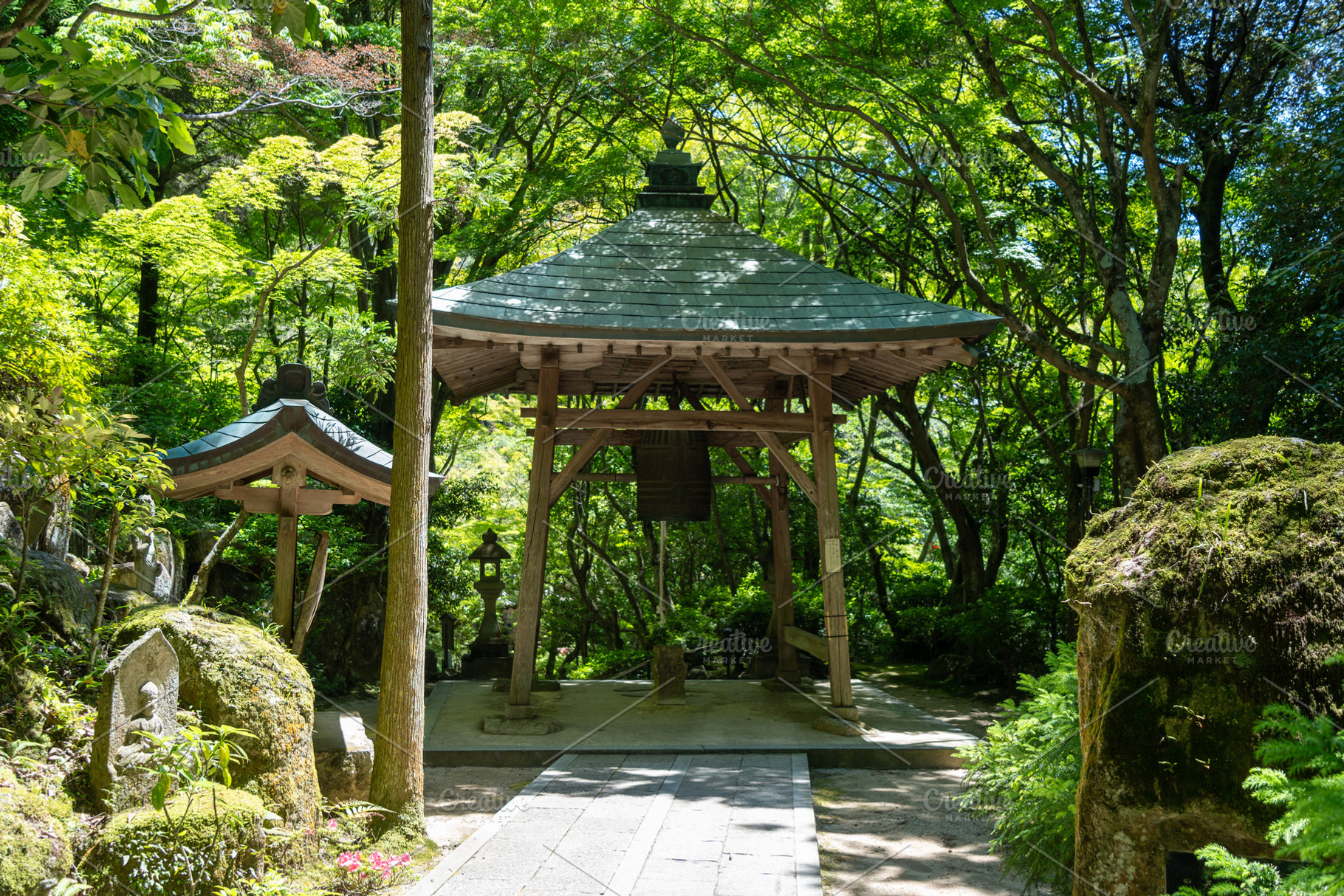 Shoro bell tower in Mitaki-Dera temple, Hiroshima, Japan forest, an Architecture Photo by GoodGoods
