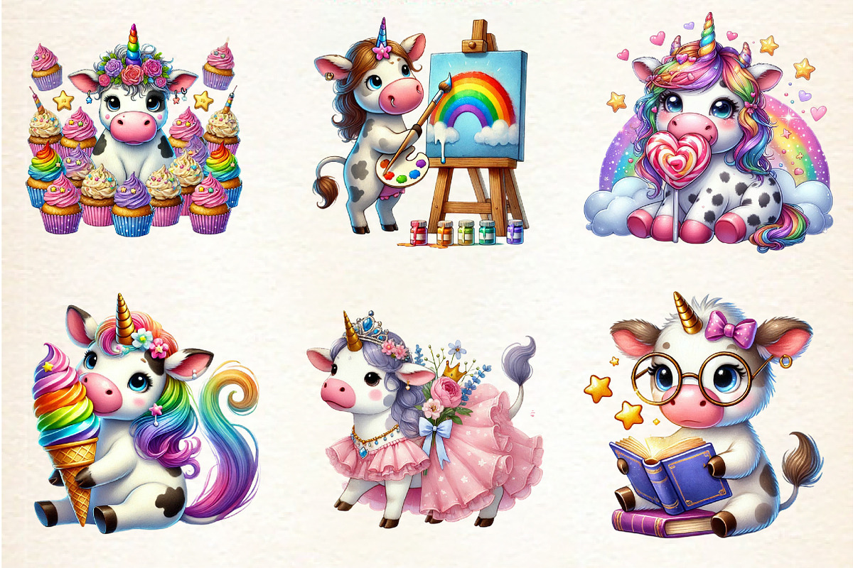 Watercolor Unicorn Cute Cow Clipart, a Seasonal Illustration by DreamArtGraphic (Photo 3 of 4)