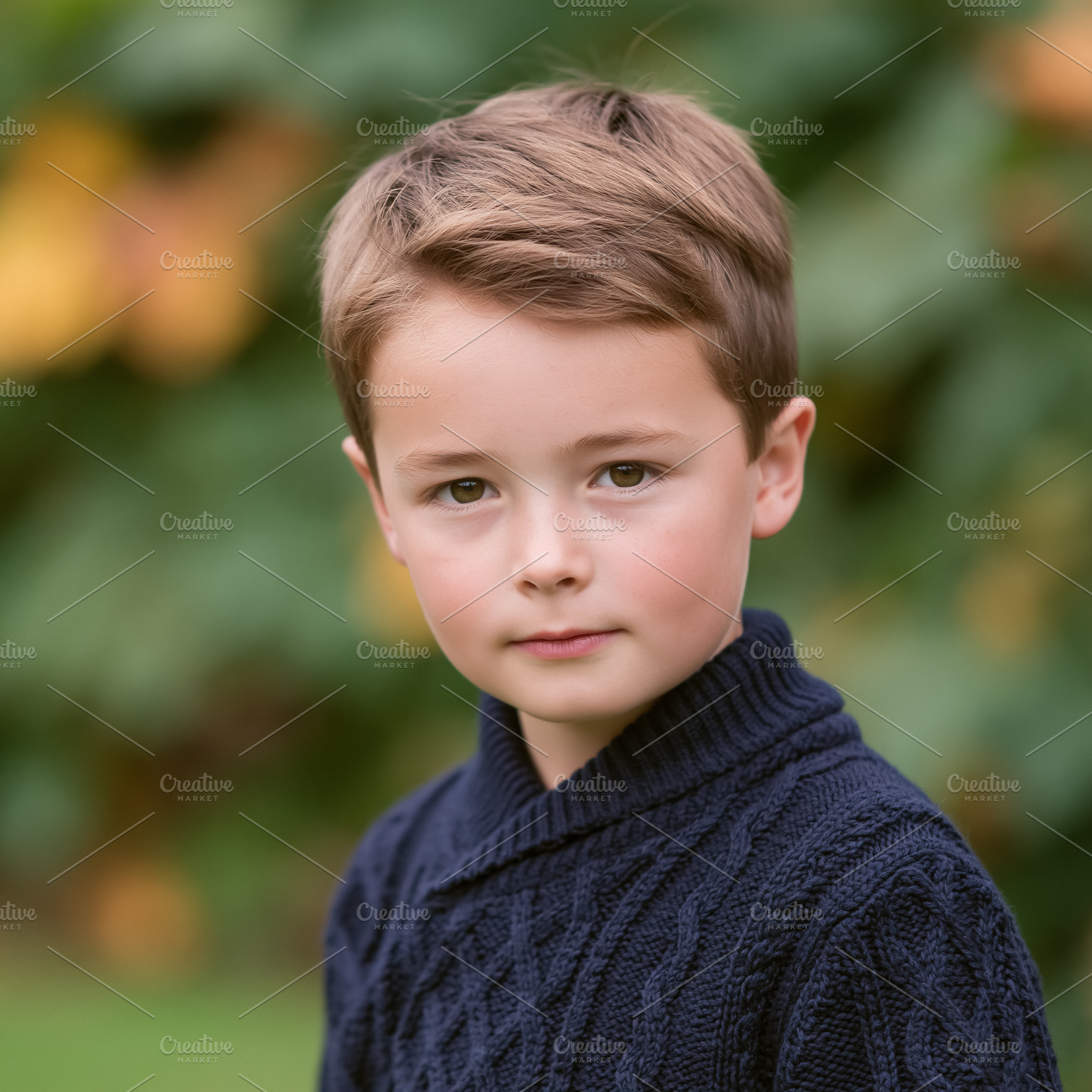 Young boy standing outdoors in autumn, wearing a blue knitted sw, a Person Photo by Studio ANNA