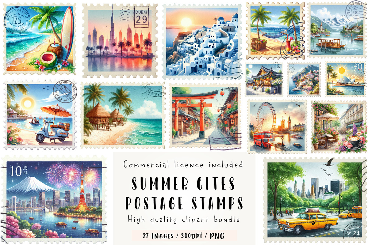 Summer Cites Postage Stamps Clipart, an Illustration by CreationArt (Photo 1 of 5)