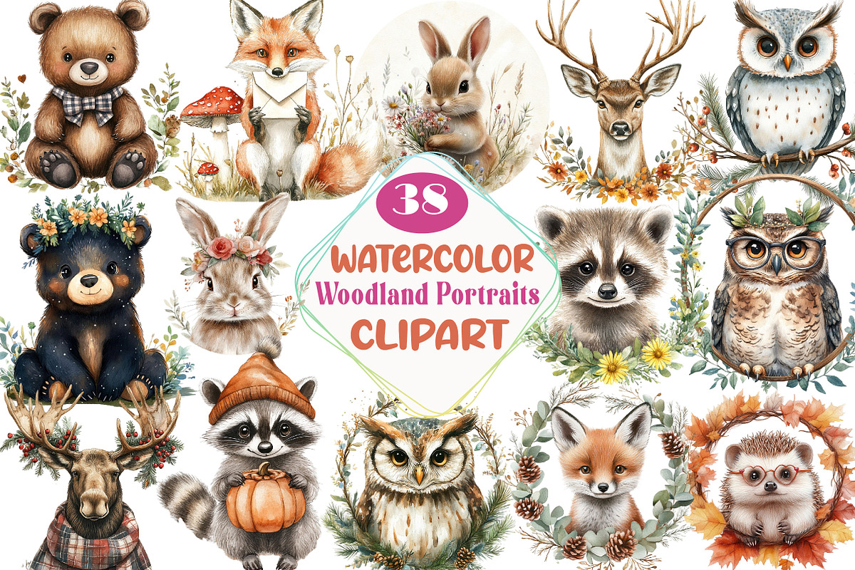 Watercolor Woodland Portraits, an Illustration by DreamCafeArt (Photo 1 of 5)