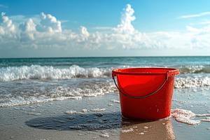 Vibrant red bucket on sandy shore, a Photo by Pavel_design