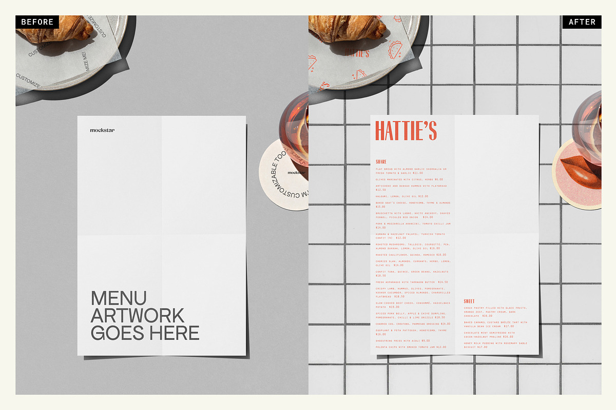 Menu, Food Paper & Coaster Mockup, a Packaging Mockup by mockstar (Photo 2 of 6)