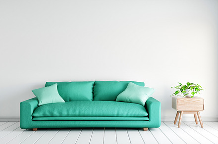 Green sofa with plants table on empty white wall in living room background. Arc, an Architecture Photo by Ministocker
