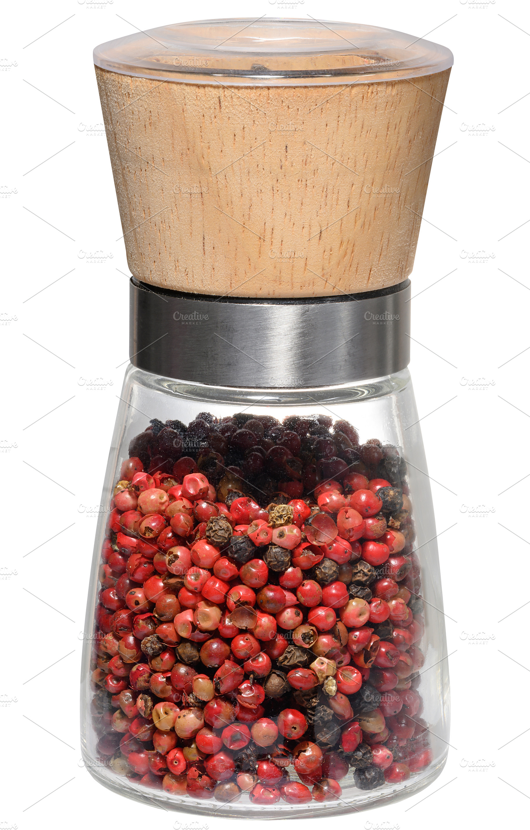 A glass spice grinder with a wooden top, containing a mixture of, a Food & Drink Photo by ndanko