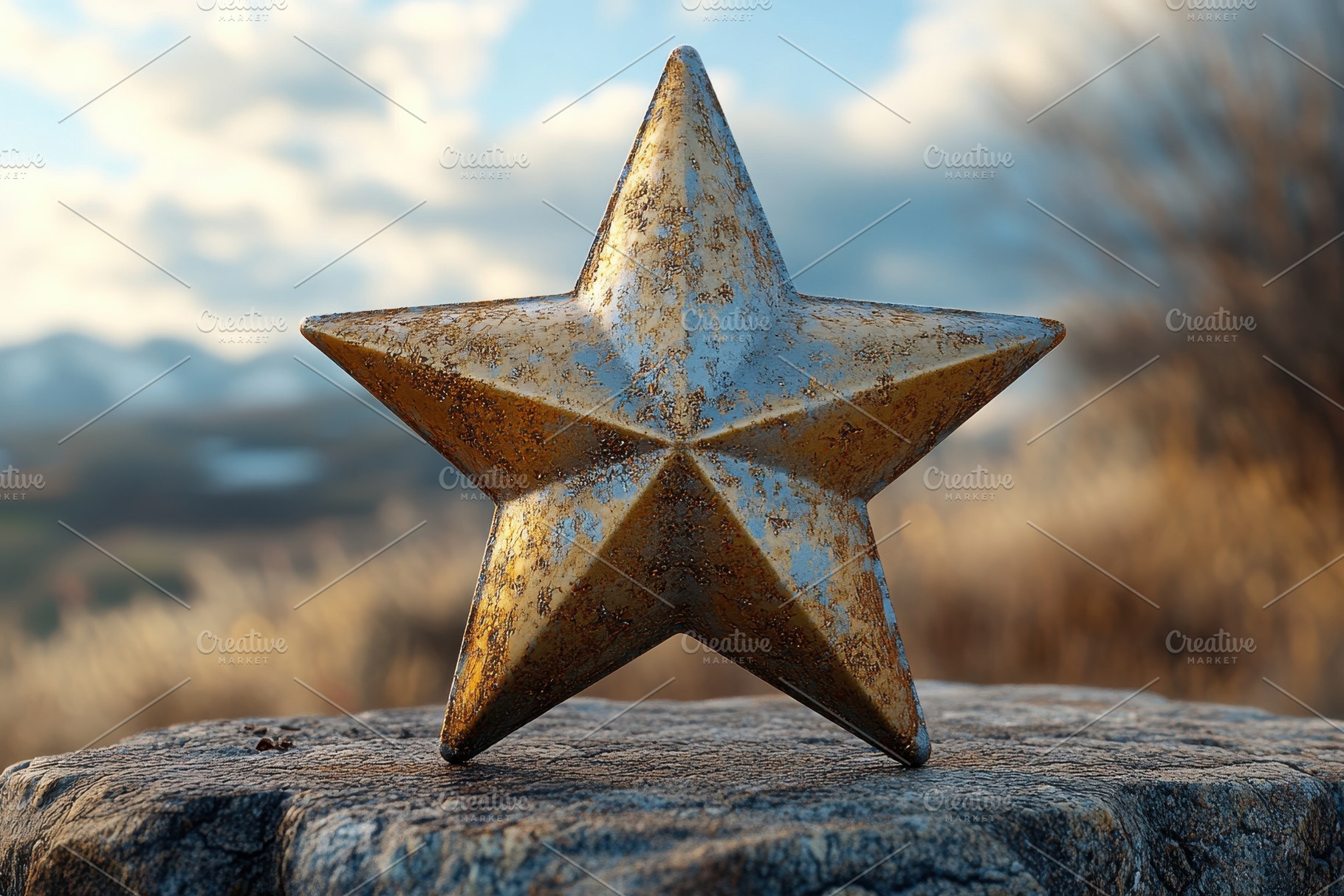 Rusty star sculpture stands prominen, a Photo by Tanuart