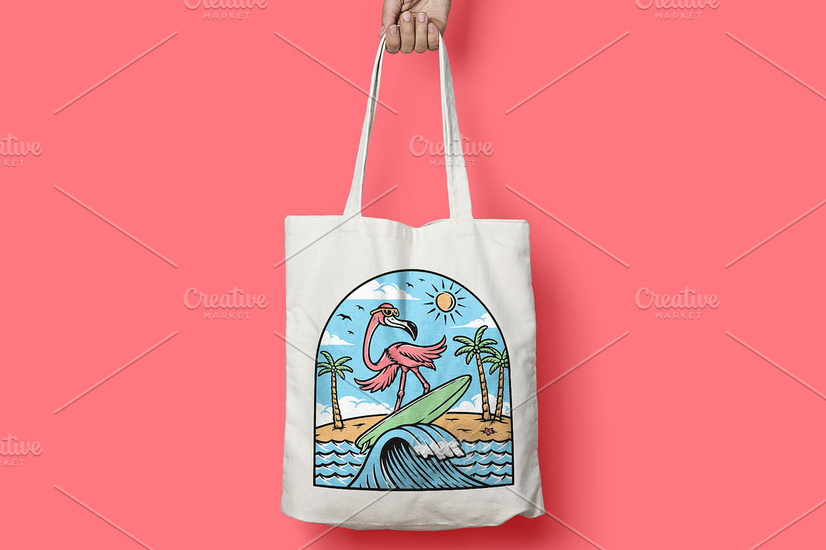 flamingo is surfing while having fun, an Animal Illustration by gunaonedesign (Photo 4 of 4)