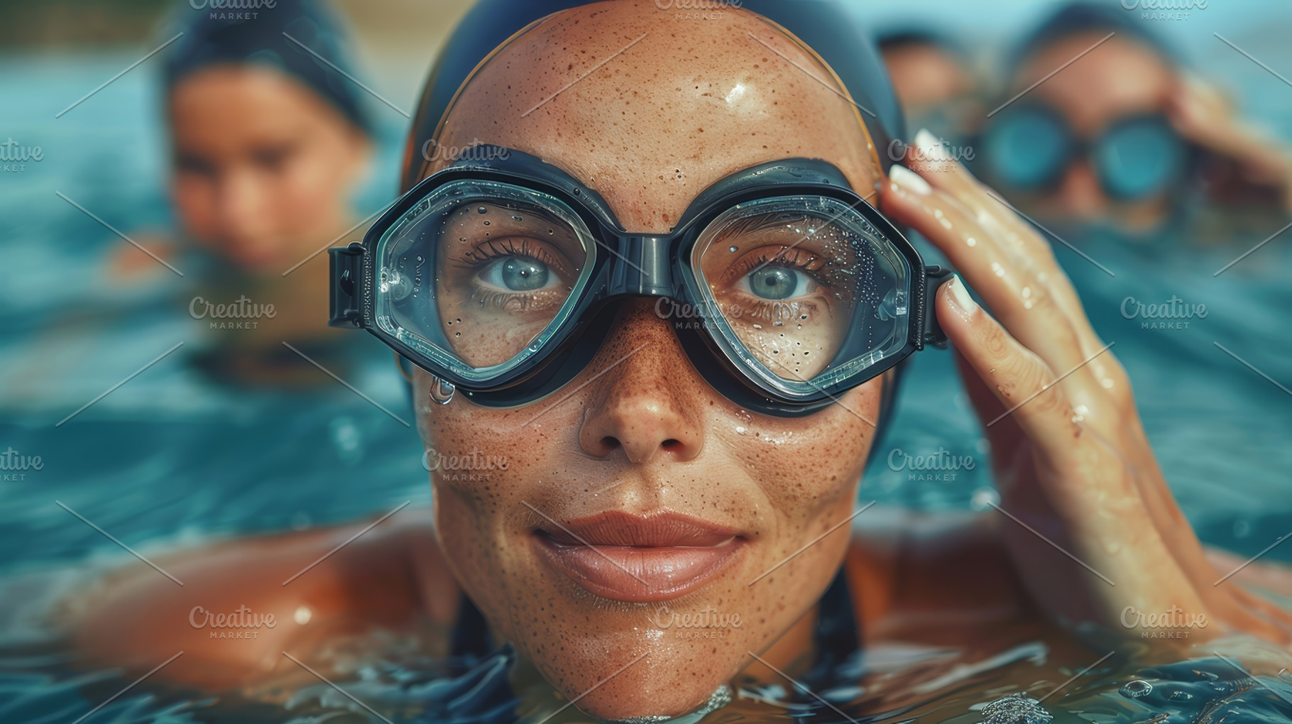 Mature Woman Preparing for a Swim in the Ocean, Wearing Goggles and Swim Cap, a Photo by AS photostudio
