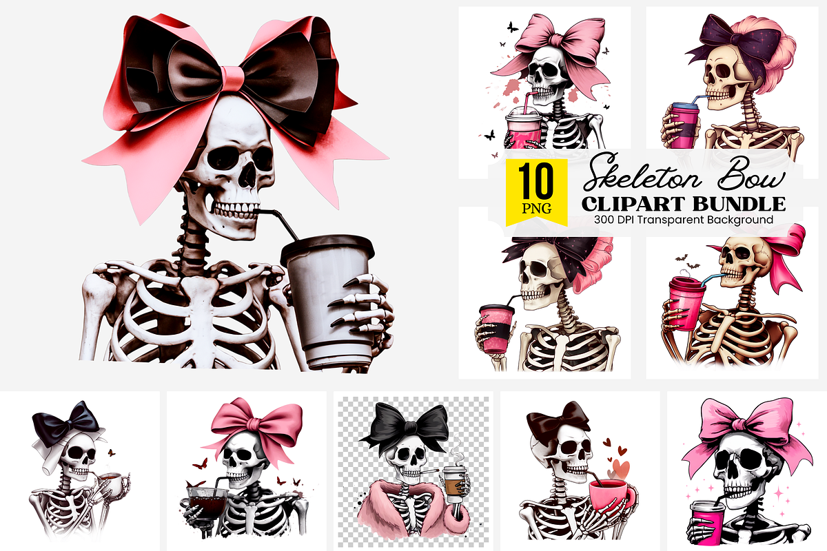 Skeleton PNG with Pink Bow Bundle, a Graphic by Clipart Studio (Photo 1 of 12)