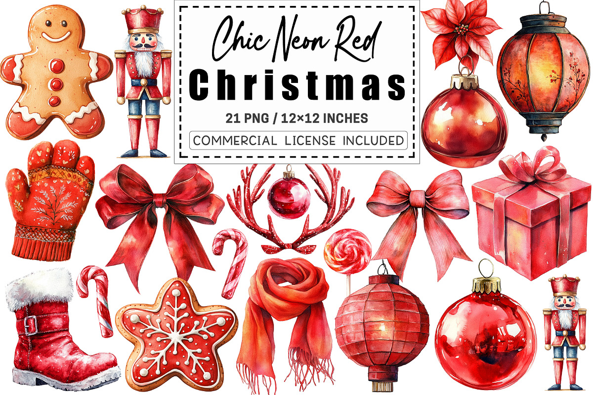 Chic Neon Red Christmas Clipart, a Graphic by CitraGraphics (Photo 1 of 4)