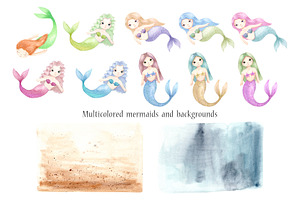 Watercolor Mermaids. Kids Cliparts