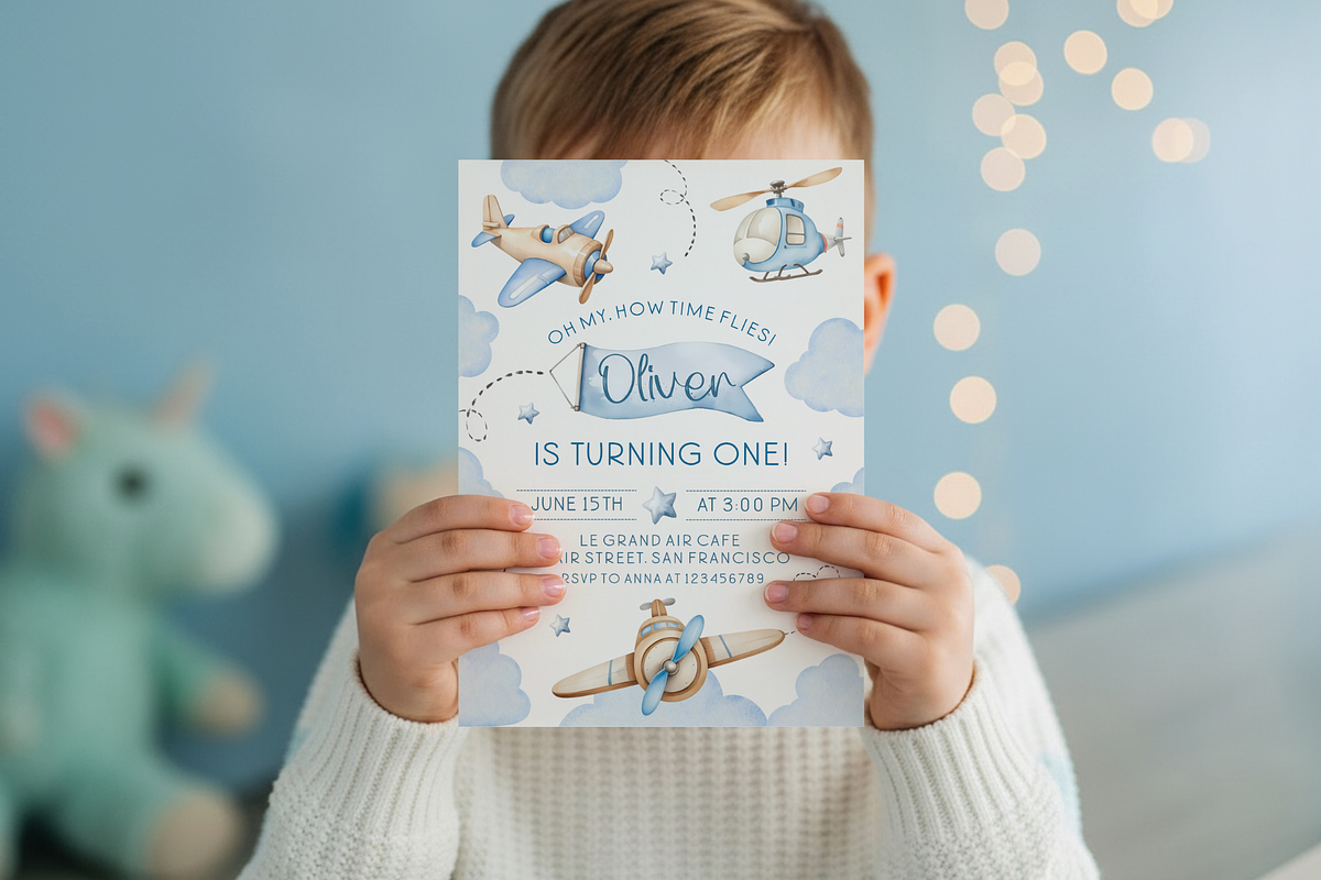 Blue Airplane Birthday Party Invite, a Templates & Theme by VeliusCreativeStudio (Photo 3 of 3)