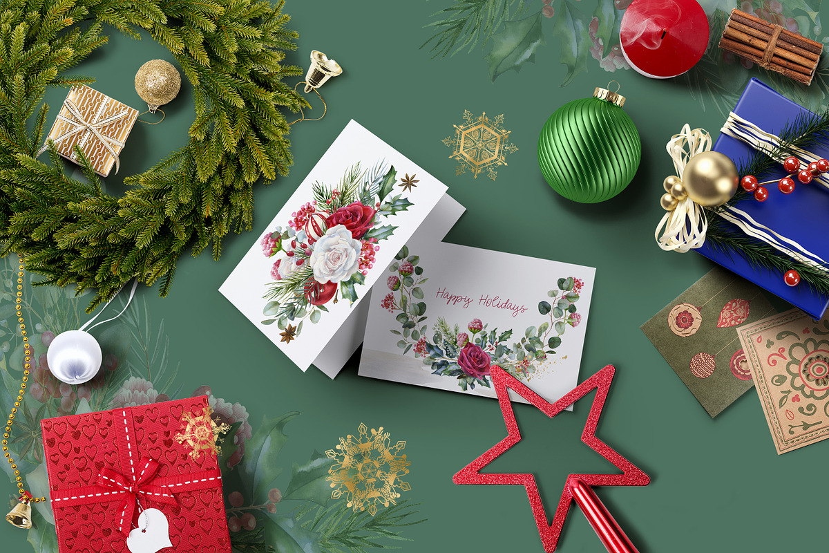 Watercolor floral Christmas pack, a Decorative Illustration by WonderWonder (Photo 18 of 20)