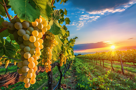 White grape bunches hanging in vineyard on sunset background, a Food & Drink Photo by AlyaAnd