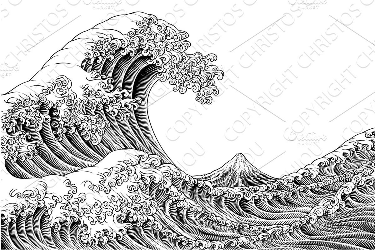 Great Wave Vintage Japanese Engraved, an Illustration by Christos Georghiou