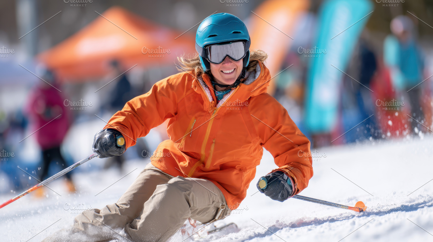 Woman skiing joyfully on snowy slope, a Sports & Recreation Photo by AlyaAnd