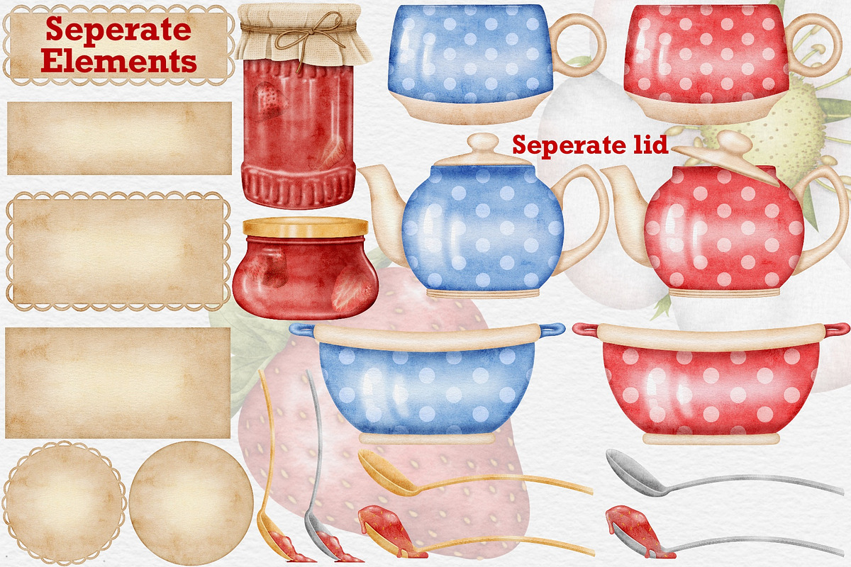 Strawberry Watercolor Tea Party., a Food Illustration by Happy Sloth Graphics (Photo 5 of 13)