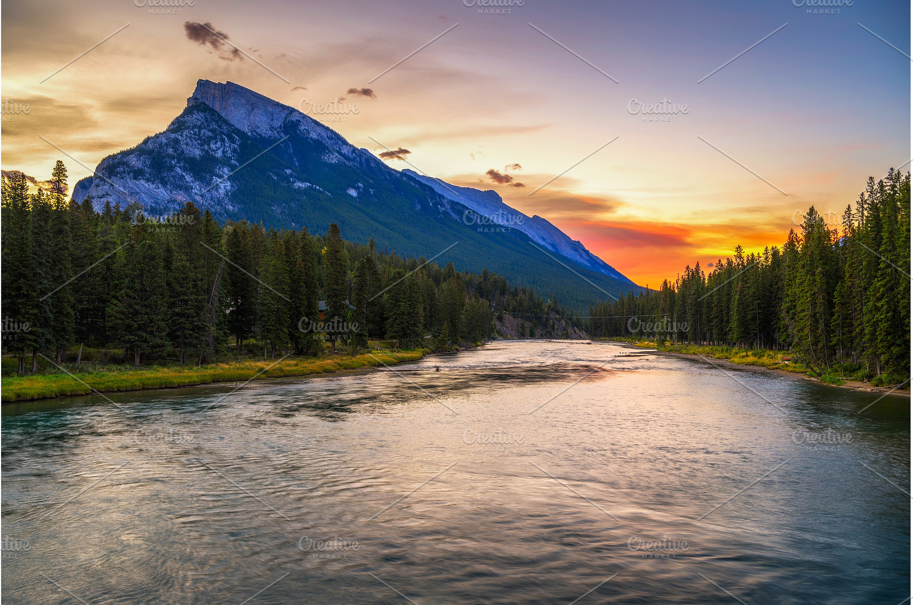 Sunrise above Bow River and Mount, a Nature Photo by Nick Fox