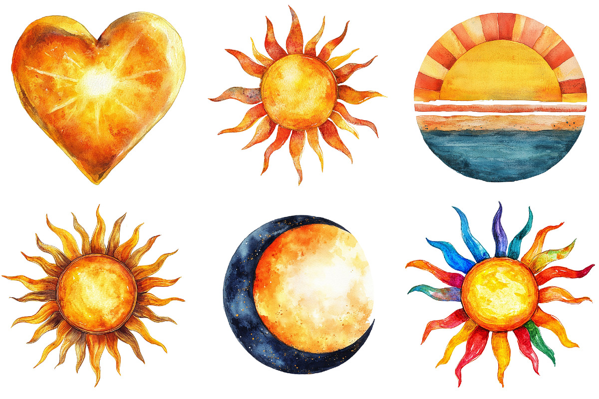 Watercolor Sun Designs for Summer, an Illustration by Pixels.Craft (Photo 2 of 7)