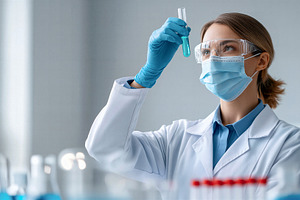 Scientist examining liquid sample, a Health & Medical Photo by 7DesignLab